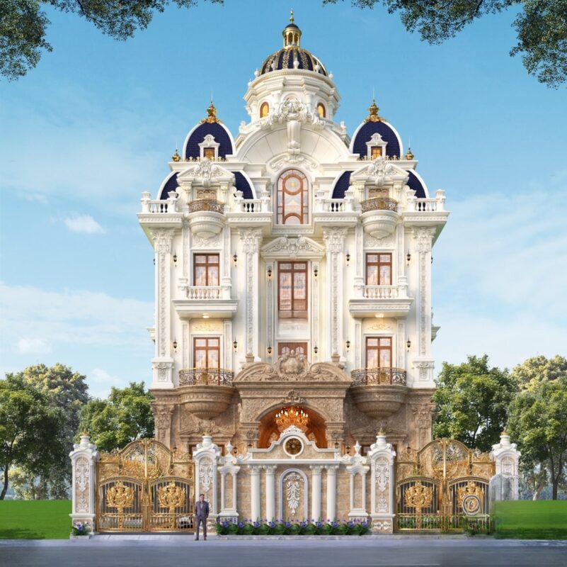 Các cột trong biệt thự cổ điển 4 tầng thường được xây dựng với vẻ bề thế và trang trí tinh xảo Biệt thự 4 tầng cổ điển